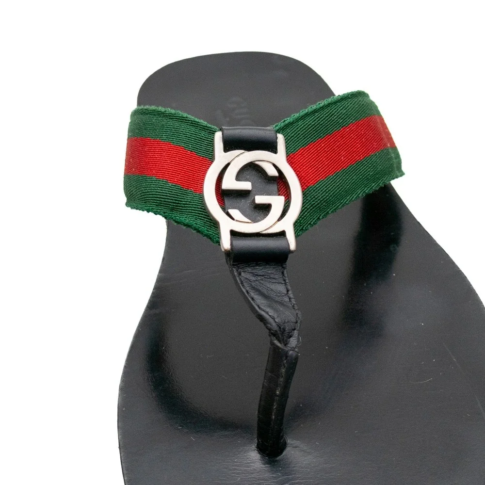 Gucci Web Stripe Interlocking G Logo Thong Sandals Black Leather Green Red 8.5